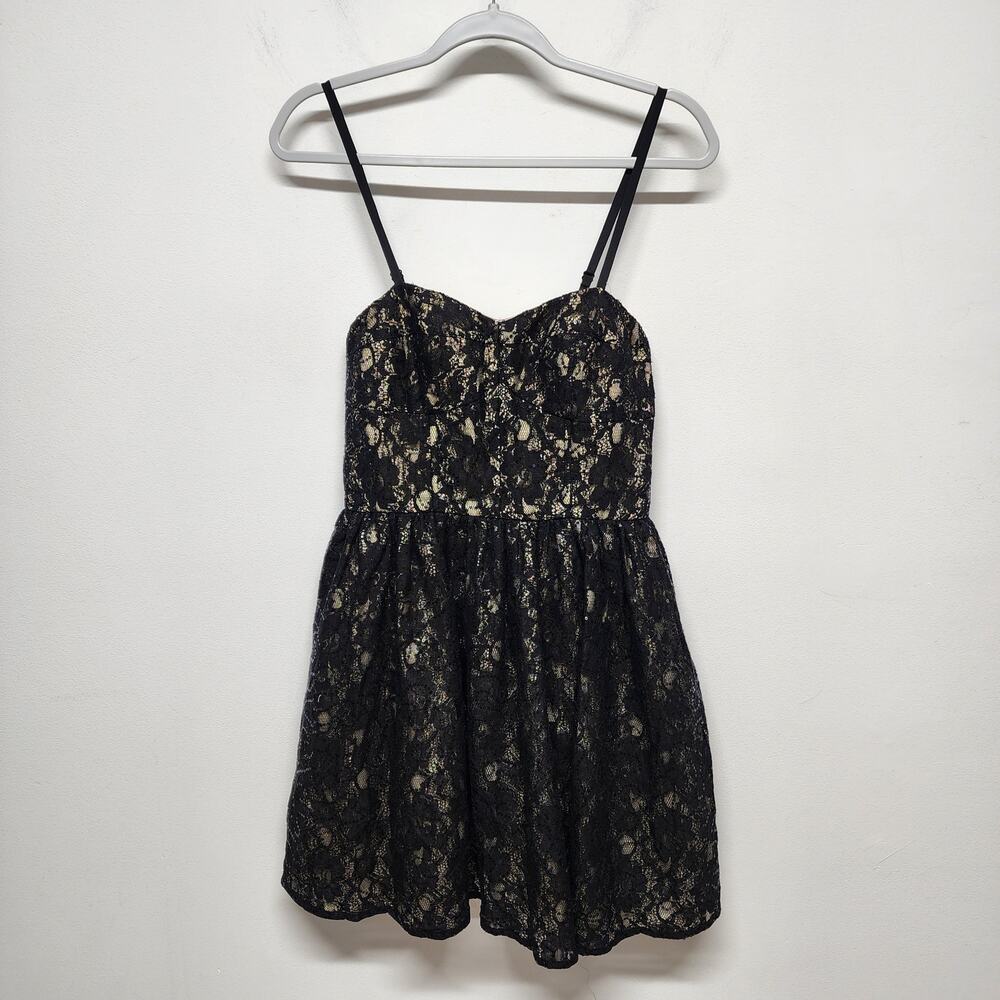 Minuet Allover Sequin Lace Dress Size M Black Lined Sweetheart Corset Fit Flare